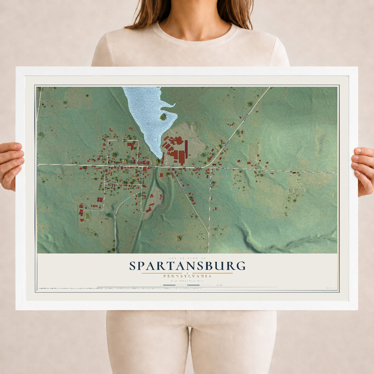 Map of Spartansburg, Pennsylvania, 18 x 24 inch print in a white wood frame