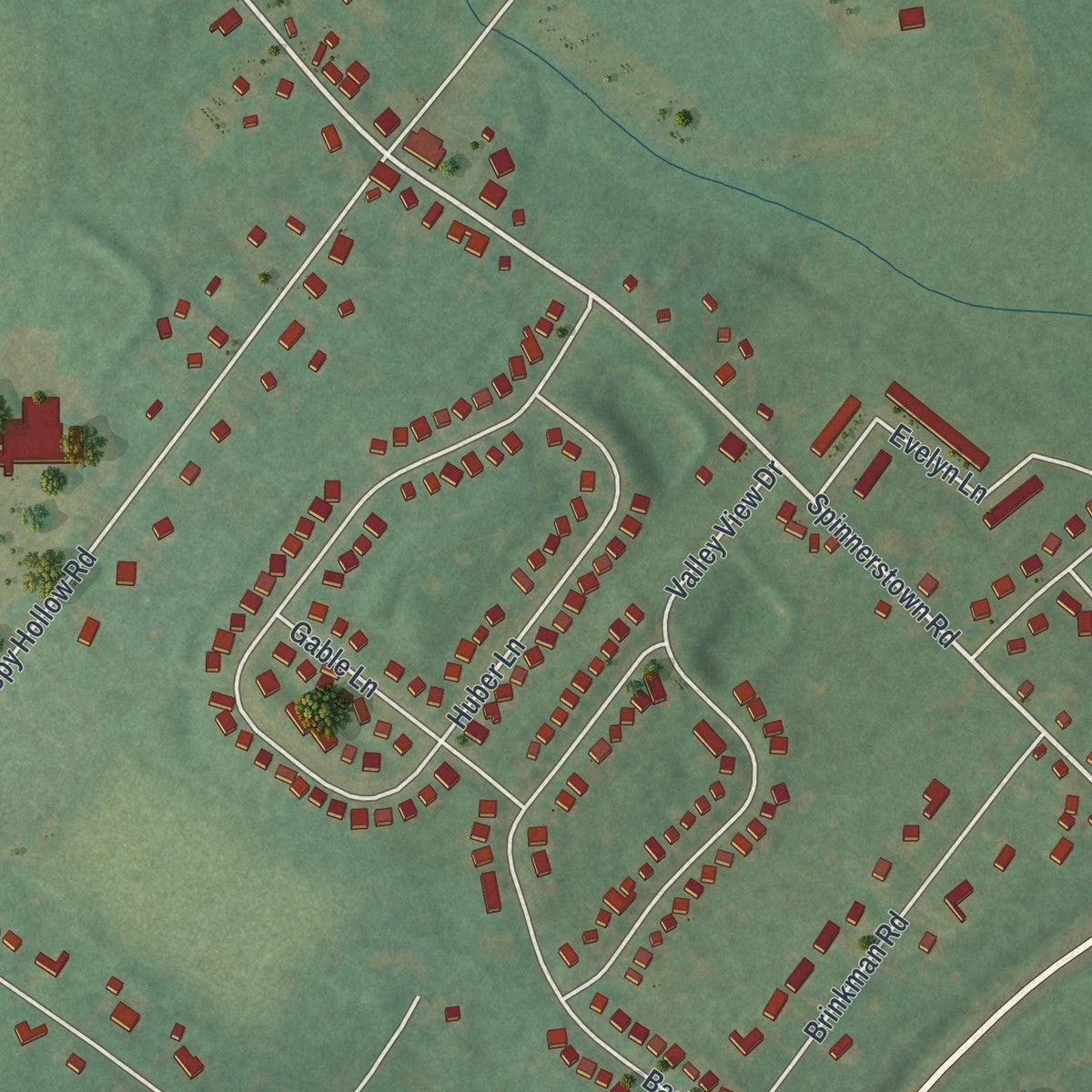 Close-up of the map of Spinnerstown, Pennsylvania print showing street and building detail