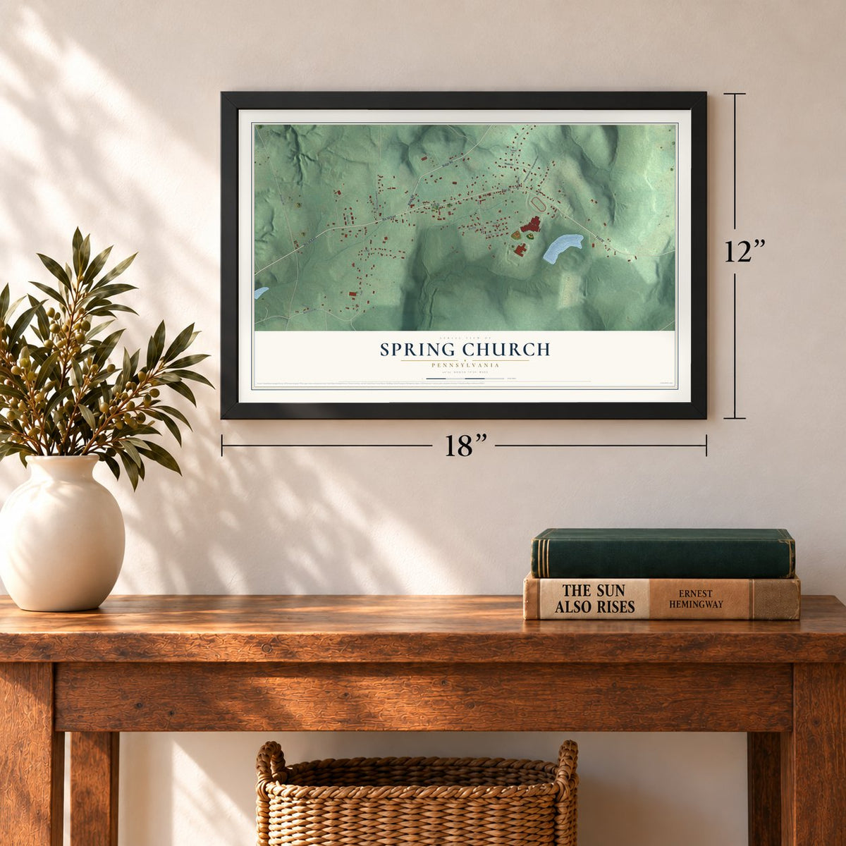 Spring Church, Pennsylvania map, 12 x 18 inch print in a black frame in an entryway