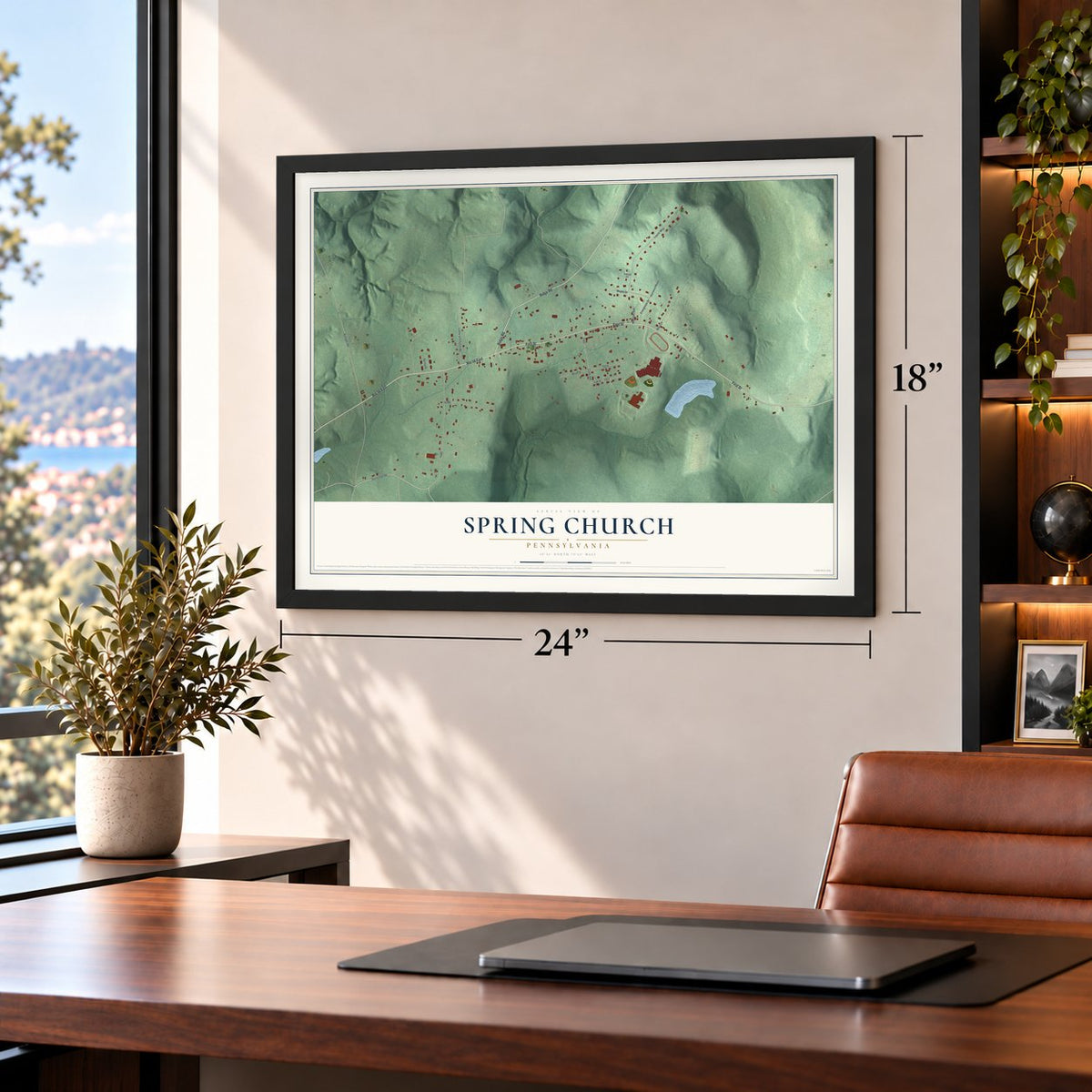 Spring Church, Pennsylvania map, 18 x 24 inch print in a black frame in a home office