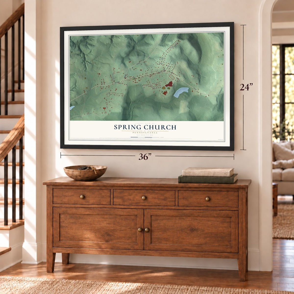 Spring Church, Pennsylvania map, 24 x 36 inch print in a black frame above a dresser by a staircase