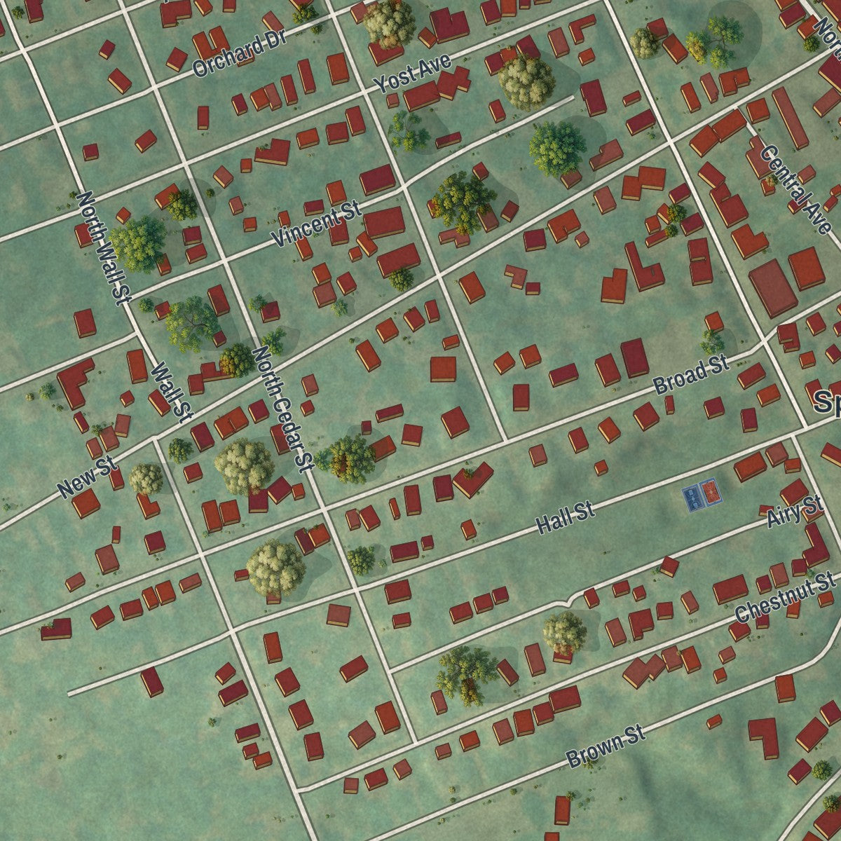 Close-up of the map of Spring City, Pennsylvania print showing street and building detail