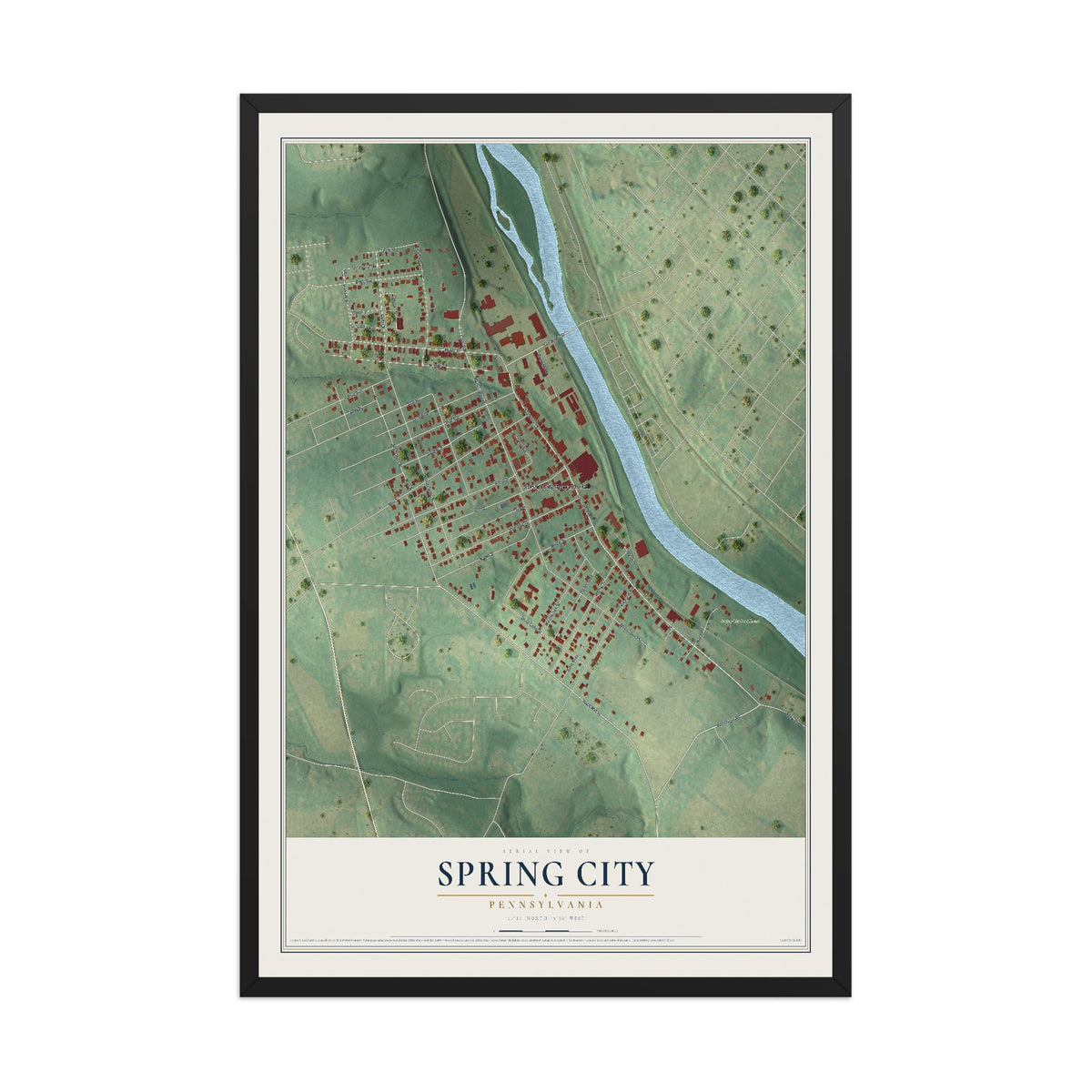 Map of Spring City, Pennsylvania, 12 x 18 inch print in a black wood frame
