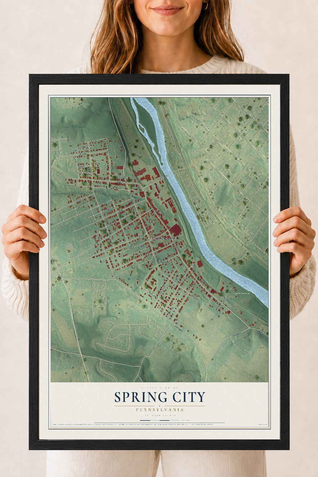 Map of Spring City, Pennsylvania, 18 x 24 inch print in a black wood frame