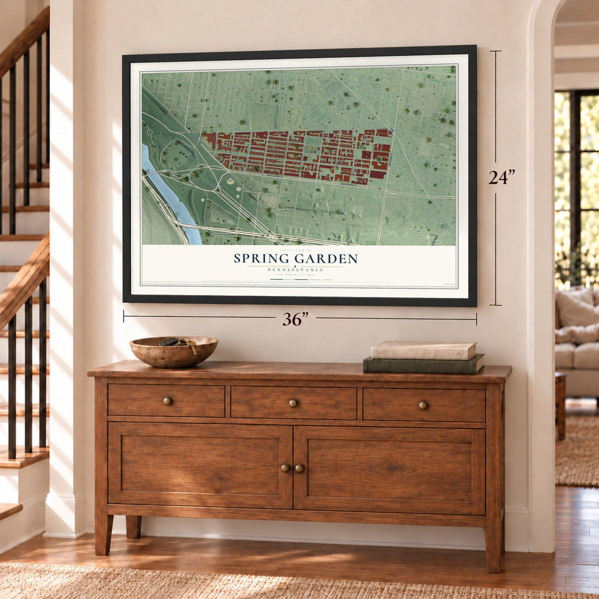 Spring Garden, Philadelphia, Pennsylvania map, 24 x 36 inch print in a black frame above a dresser by a staircase