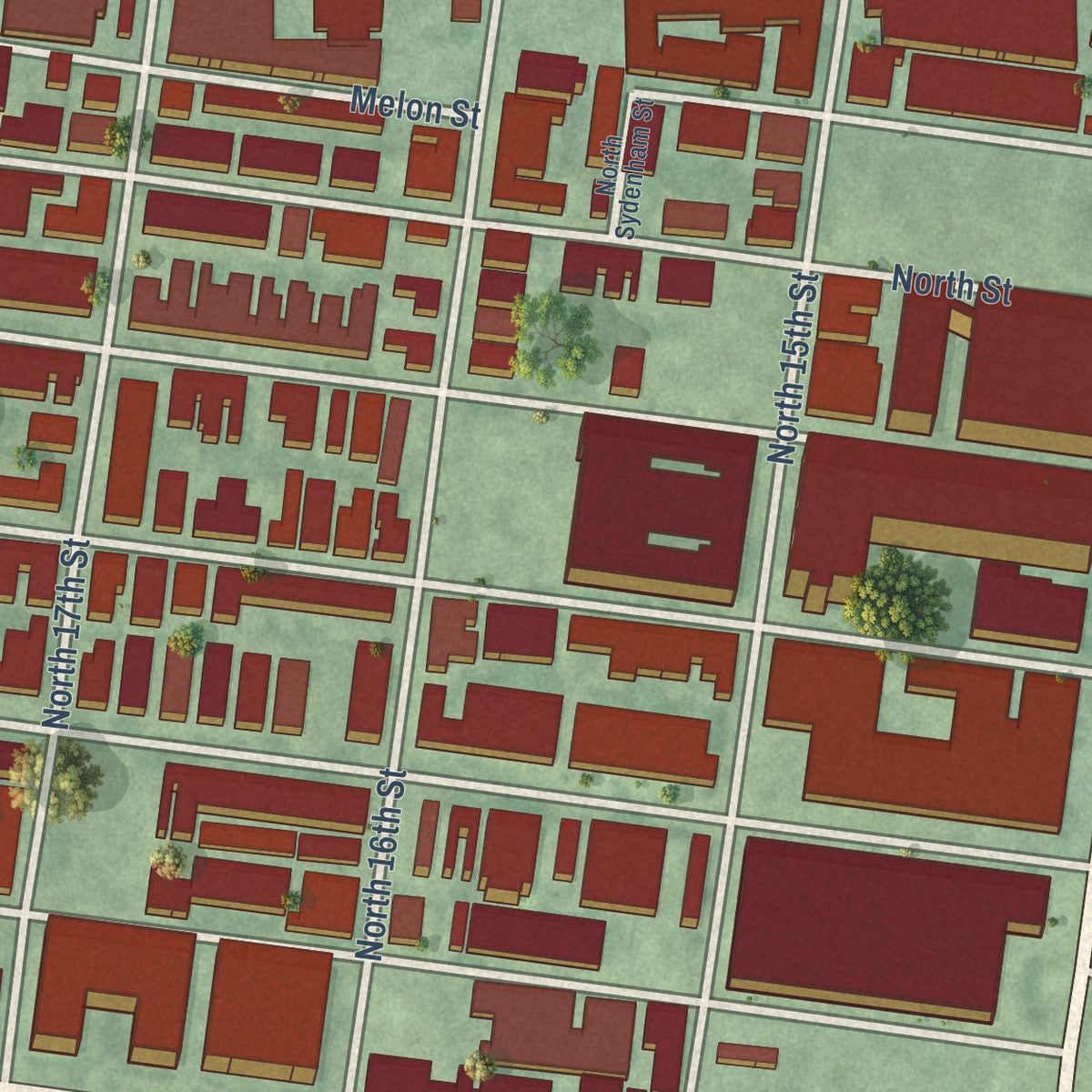 Close-up of the map of Spring Garden, Philadelphia, Pennsylvania print showing street and building detail