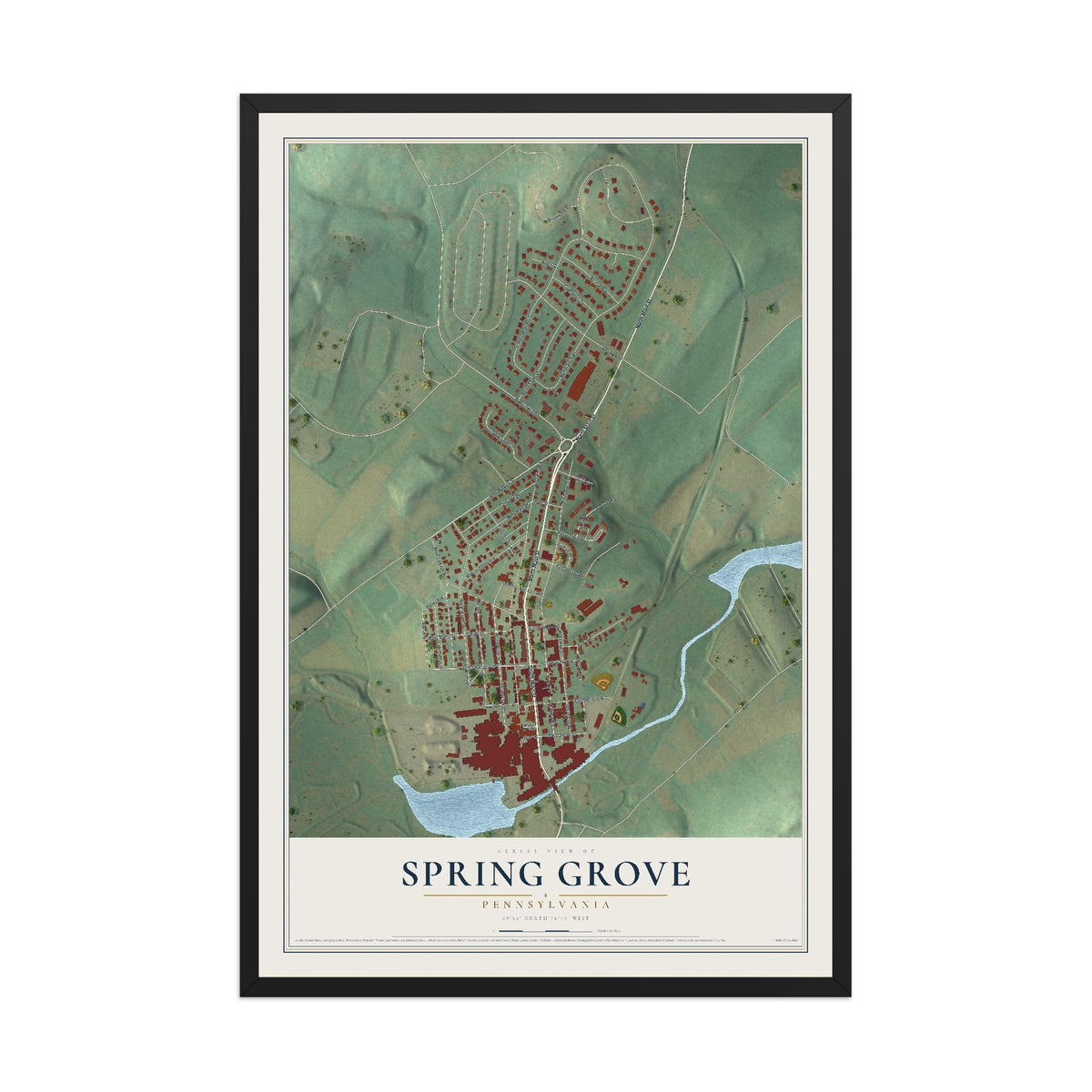 Map of Spring Grove, Pennsylvania, 12 x 18 inch print in a black wood frame
