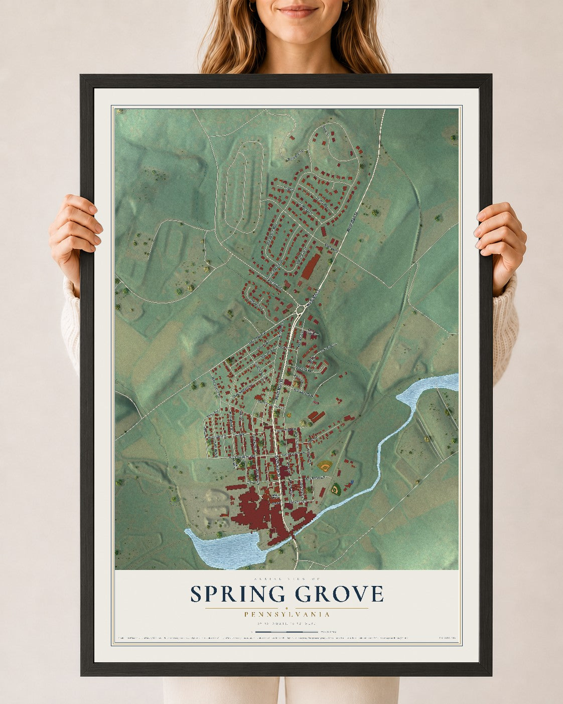 Map of Spring Grove, Pennsylvania, 24 x 36 inch print in a black wood frame