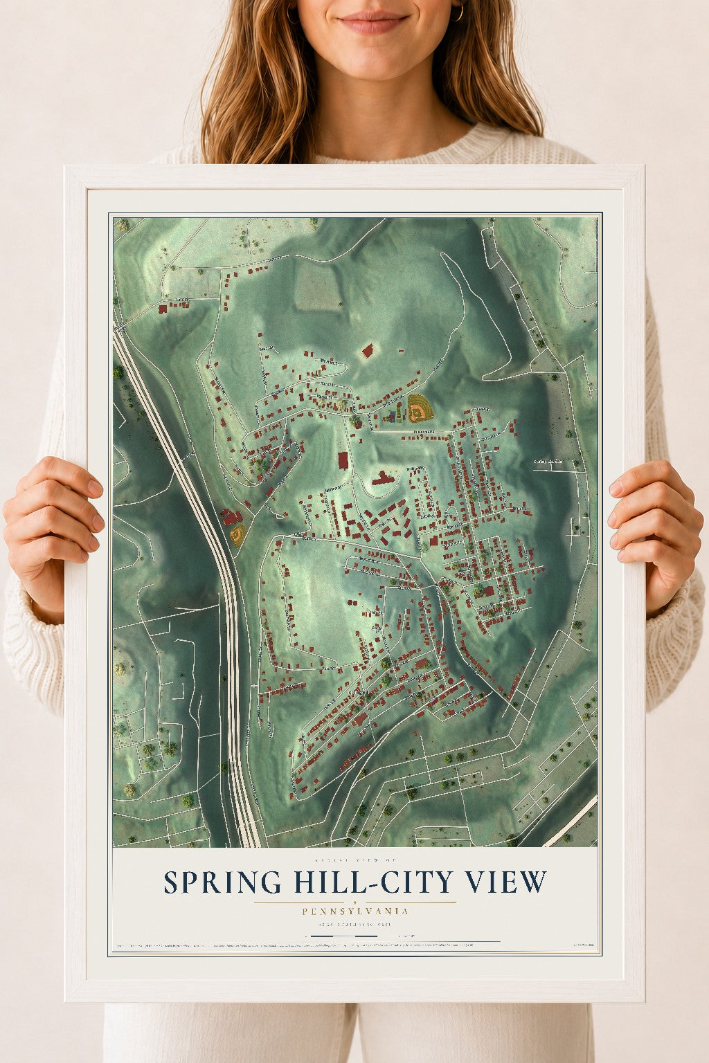 Map of Spring Hill-City View, Pennsylvania, 18 x 24 inch print in a white wood frame