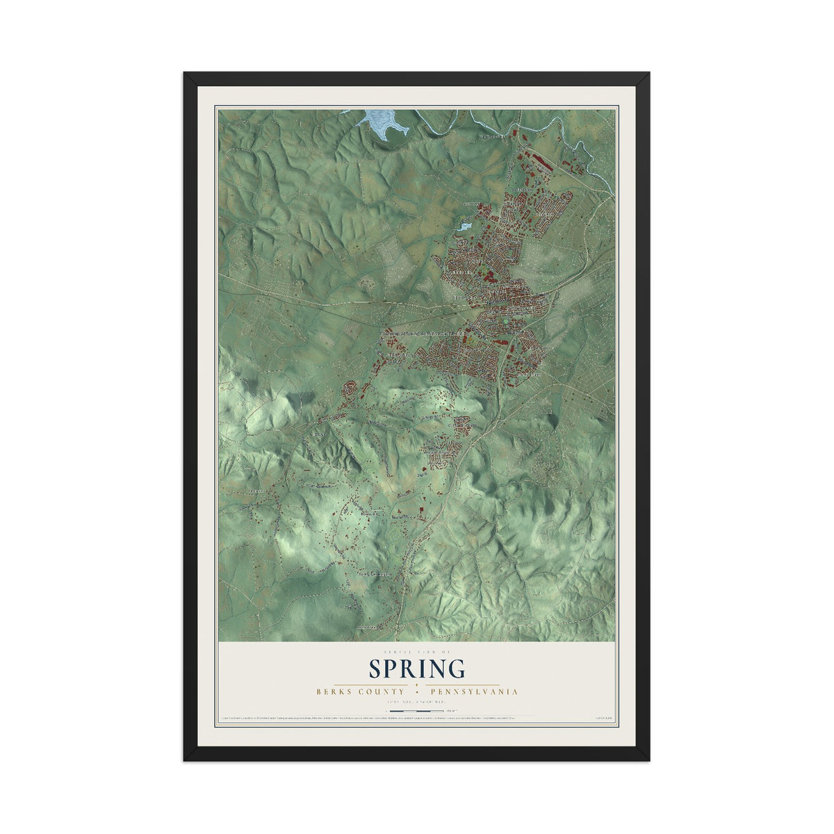 Map of Spring, Berks County, Pennsylvania, 12 x 18 inch print in a black wood frame
