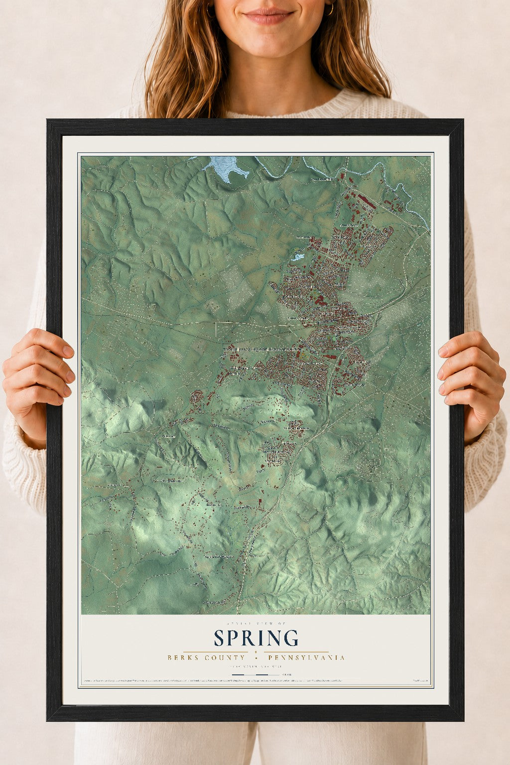 Map of Spring, Berks County, Pennsylvania, 18 x 24 inch print in a black wood frame