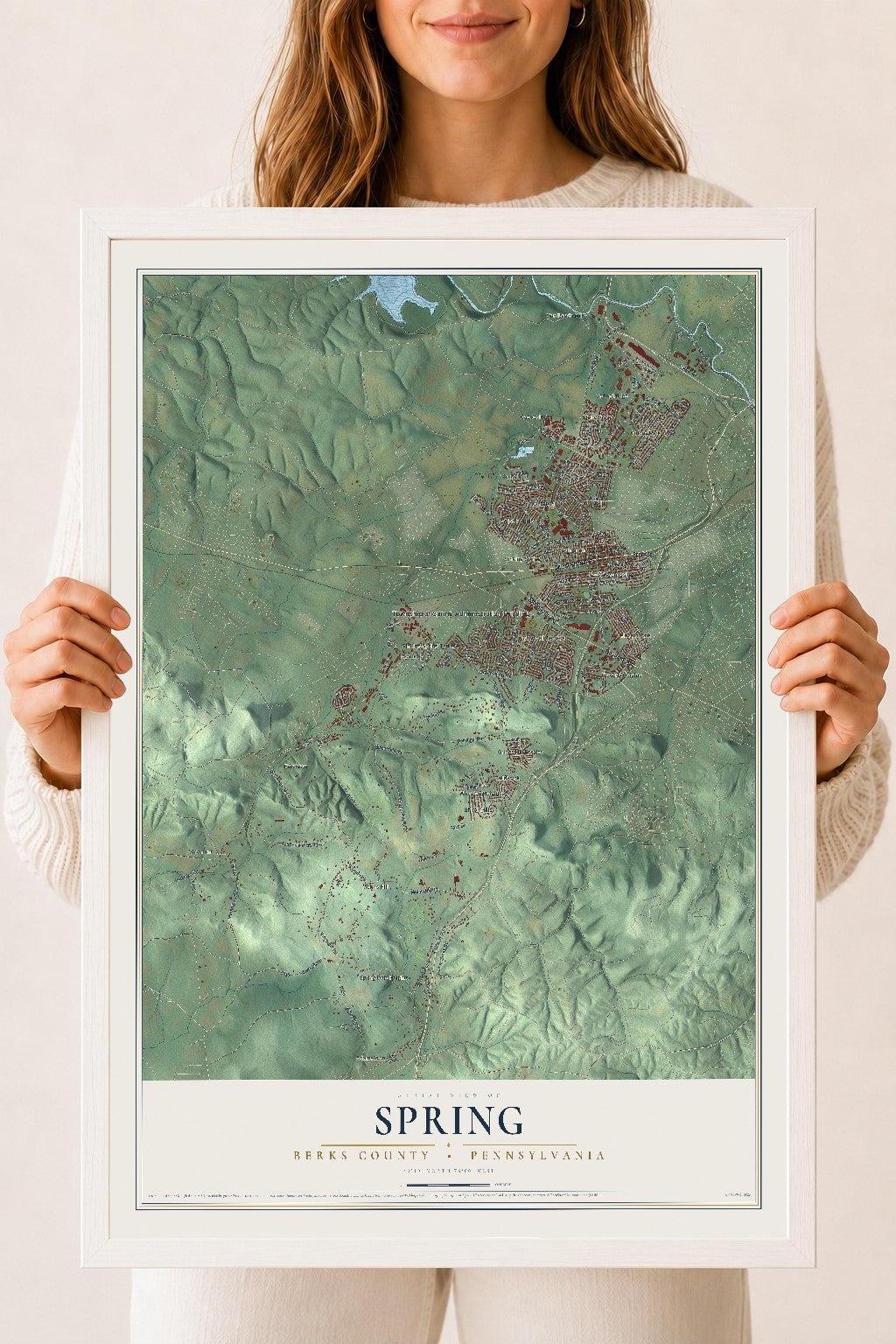 Map of Spring, Berks County, Pennsylvania, 18 x 24 inch print in a white wood frame
