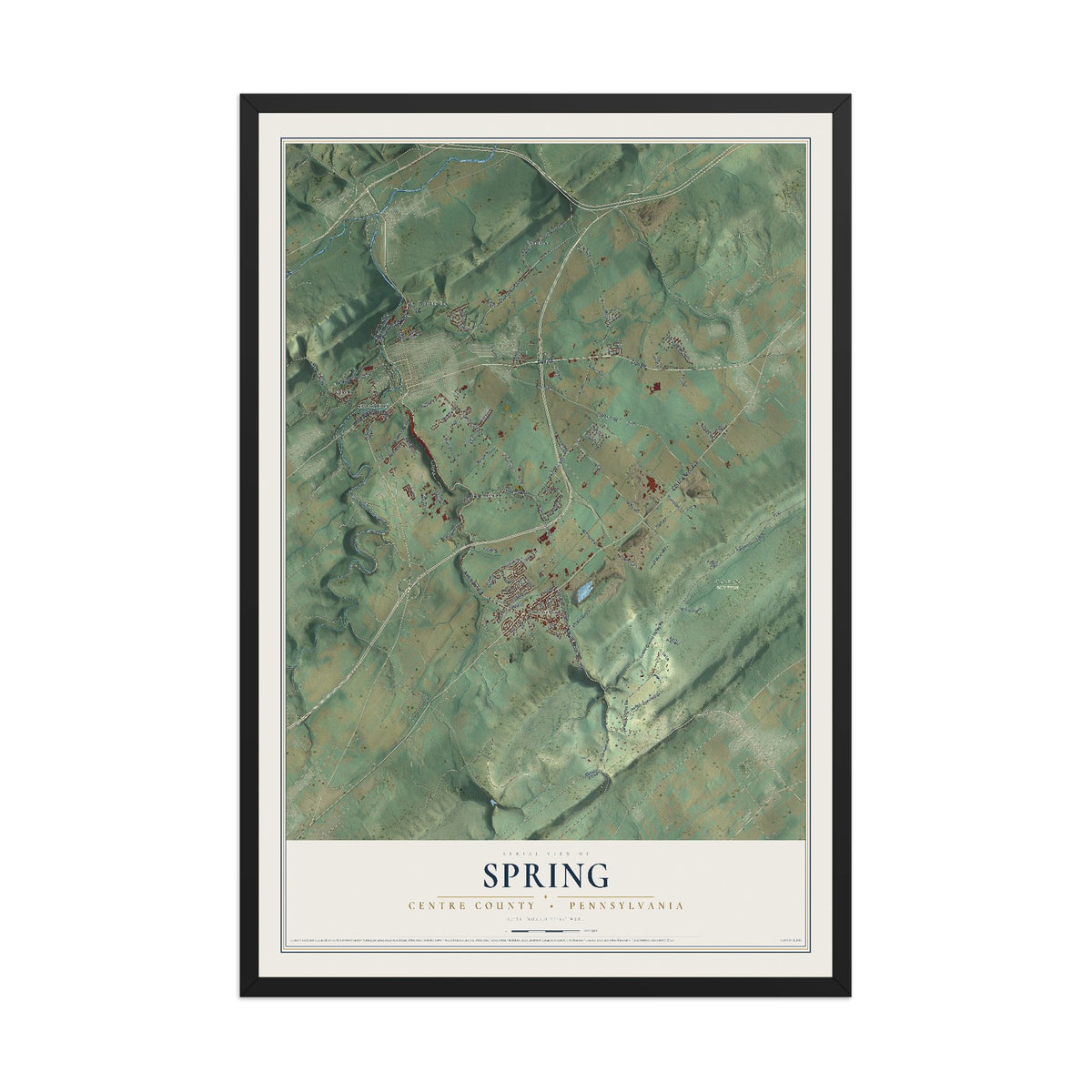 Map of Spring, Centre County, Pennsylvania, 12 x 18 inch print in a black wood frame
