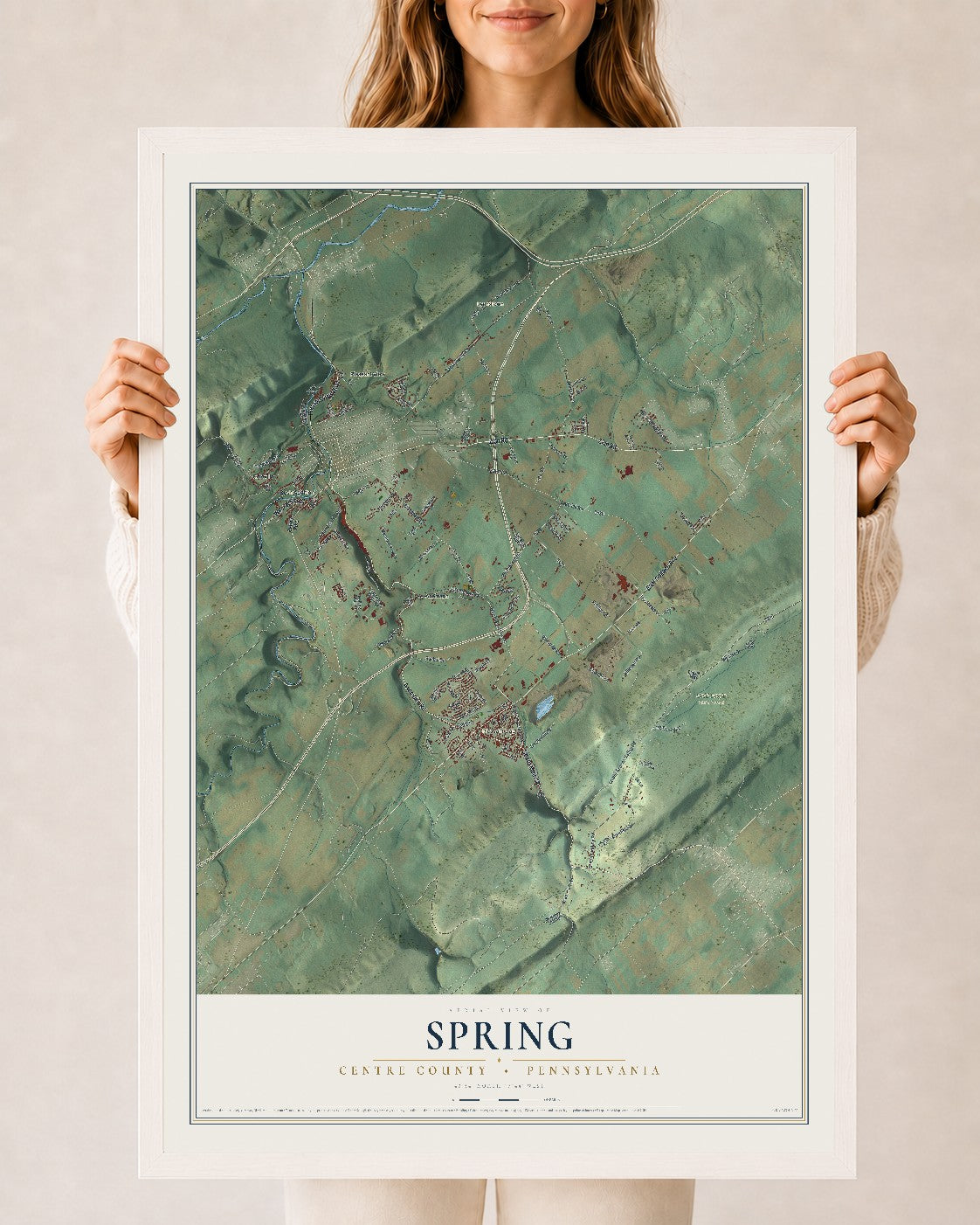 Map of Spring, Centre County, Pennsylvania, 24 x 36 inch print in a white wood frame