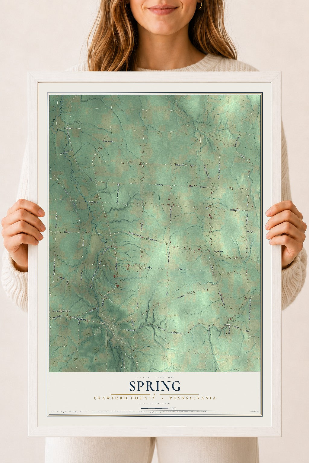 Map of Spring, Crawford County, Pennsylvania, 18 x 24 inch print in a white wood frame
