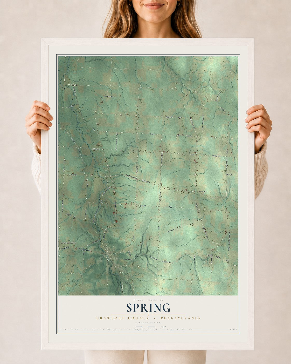 Map of Spring, Crawford County, Pennsylvania, 24 x 36 inch print in a white wood frame