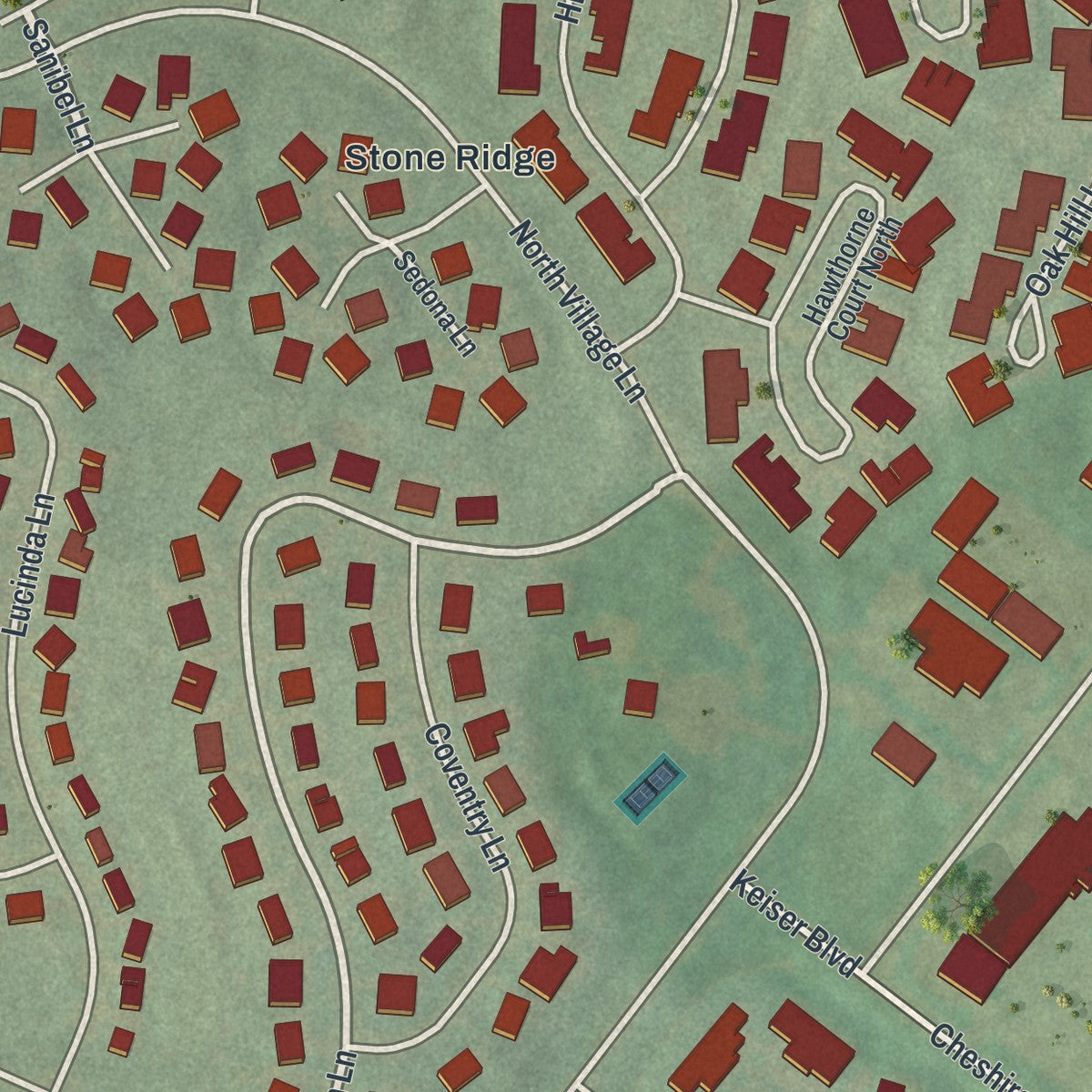 Close-up of the map of Spring Ridge, Pennsylvania print showing street and building detail