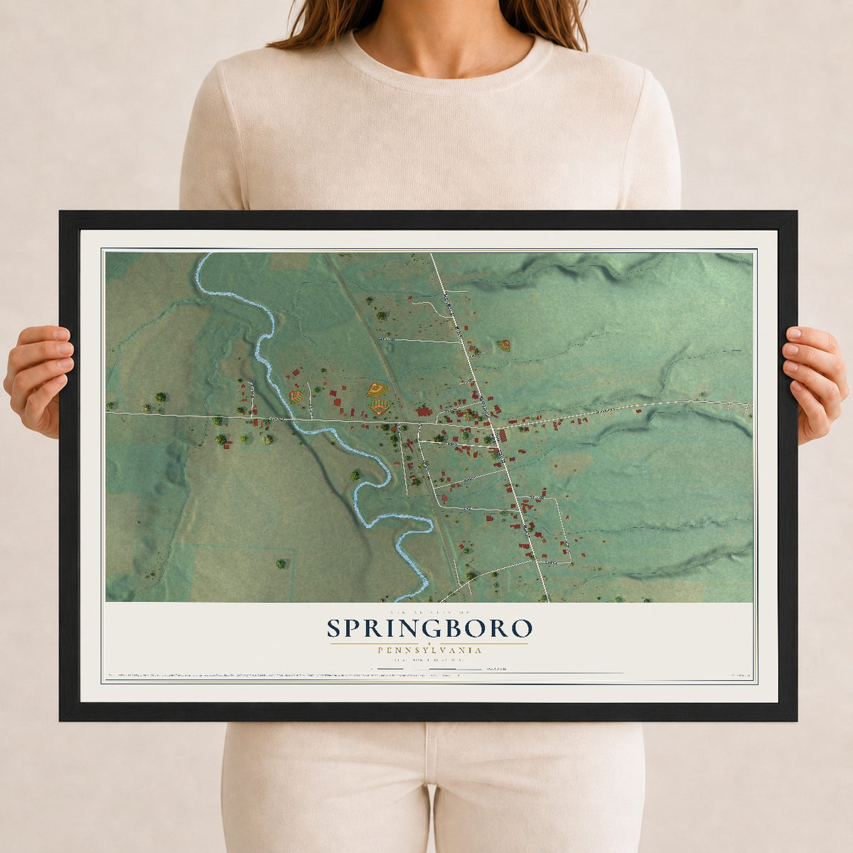 Map of Springboro, Pennsylvania, 12 x 18 inch print in a black wood frame
