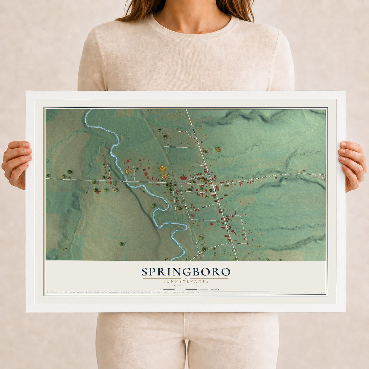 Map of Springboro, Pennsylvania, 12 x 18 inch print in a white wood frame