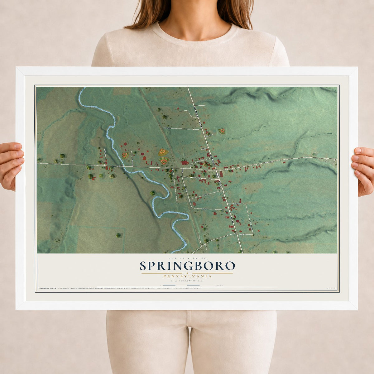 Map of Springboro, Pennsylvania, 18 x 24 inch print in a white wood frame