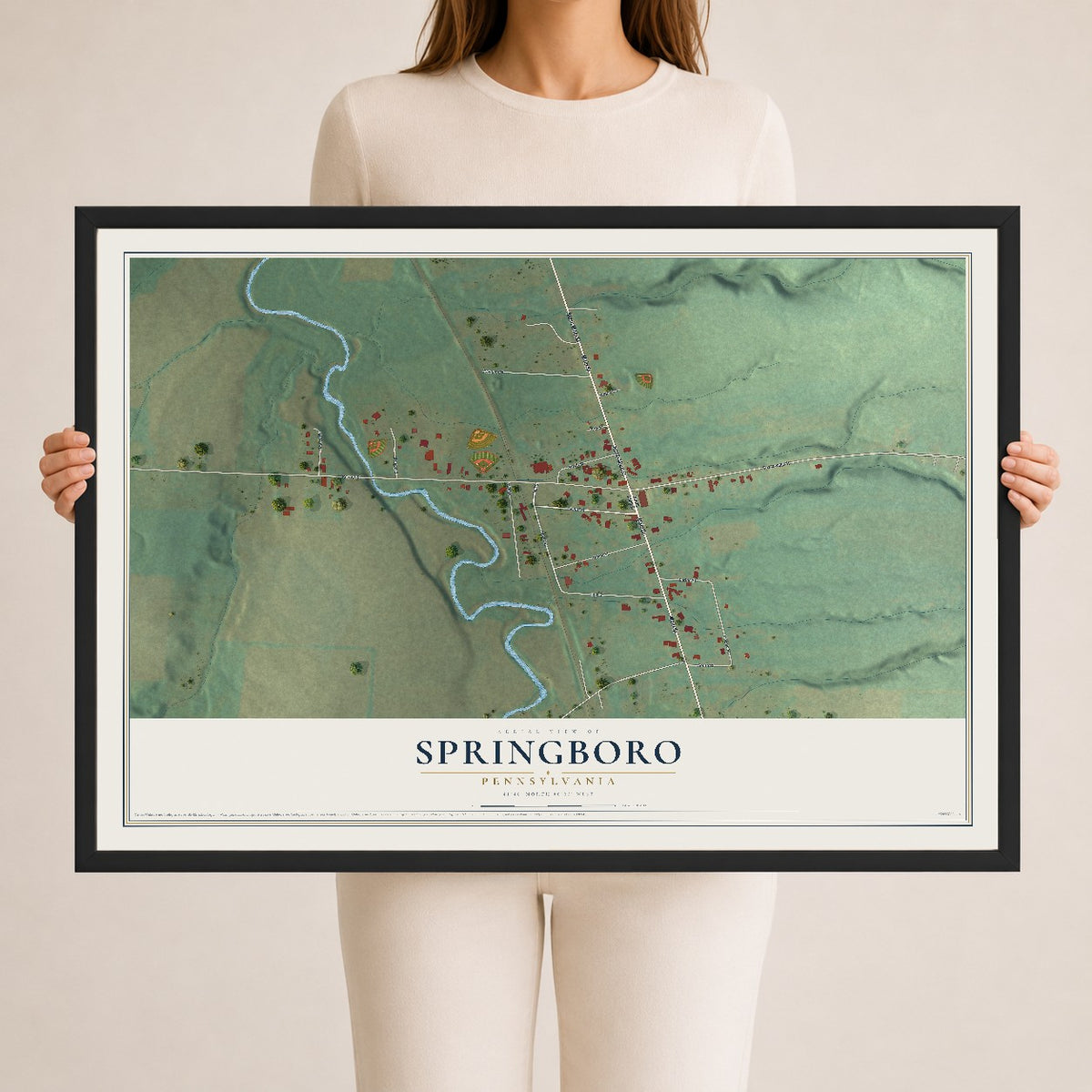 Map of Springboro, Pennsylvania, 24 x 36 inch print in a black wood frame