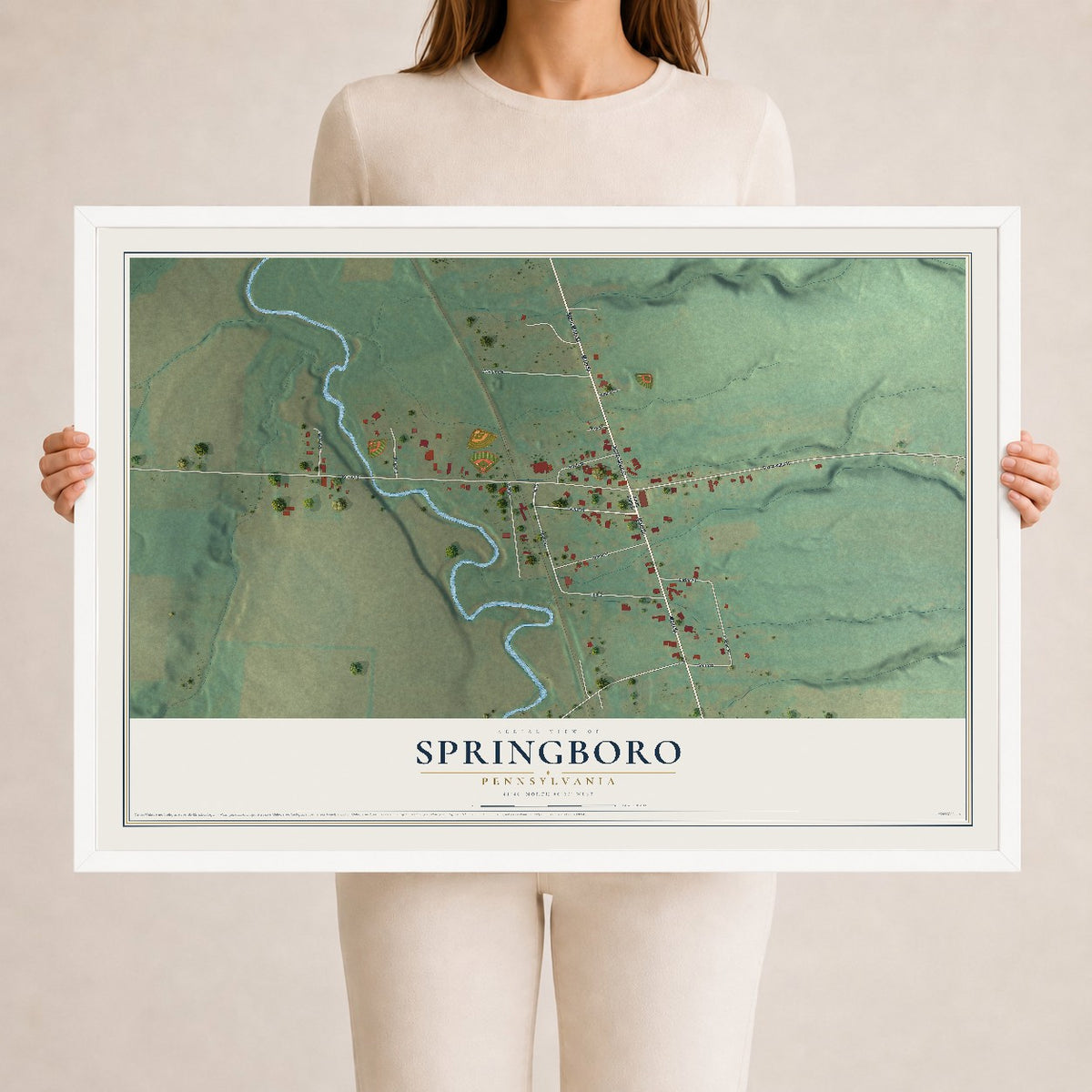 Map of Springboro, Pennsylvania, 24 x 36 inch print in a white wood frame