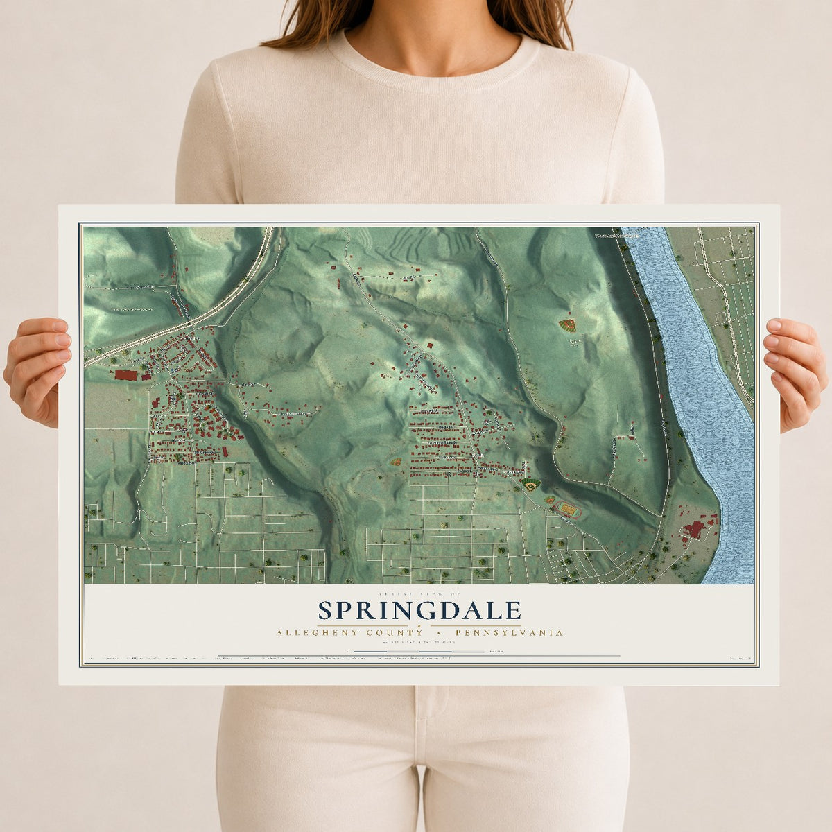 Map of Springdale, Allegheny County, Pennsylvania, 12 x 18 inch unframed archival matte print