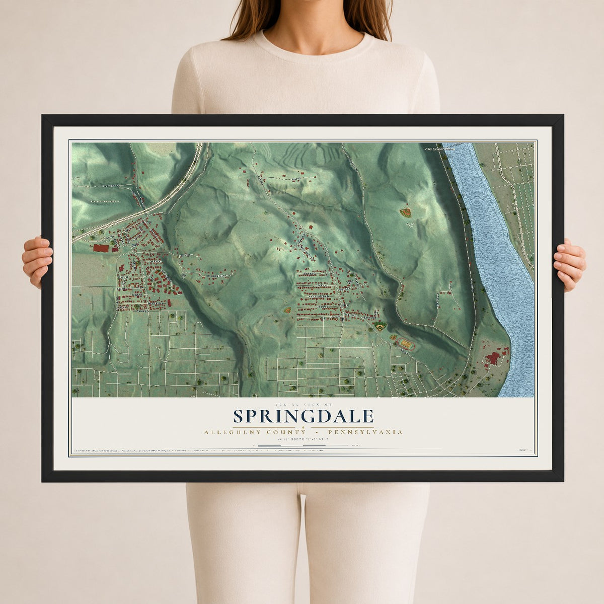 Map of Springdale, Allegheny County, Pennsylvania, 24 x 36 inch print in a black wood frame
