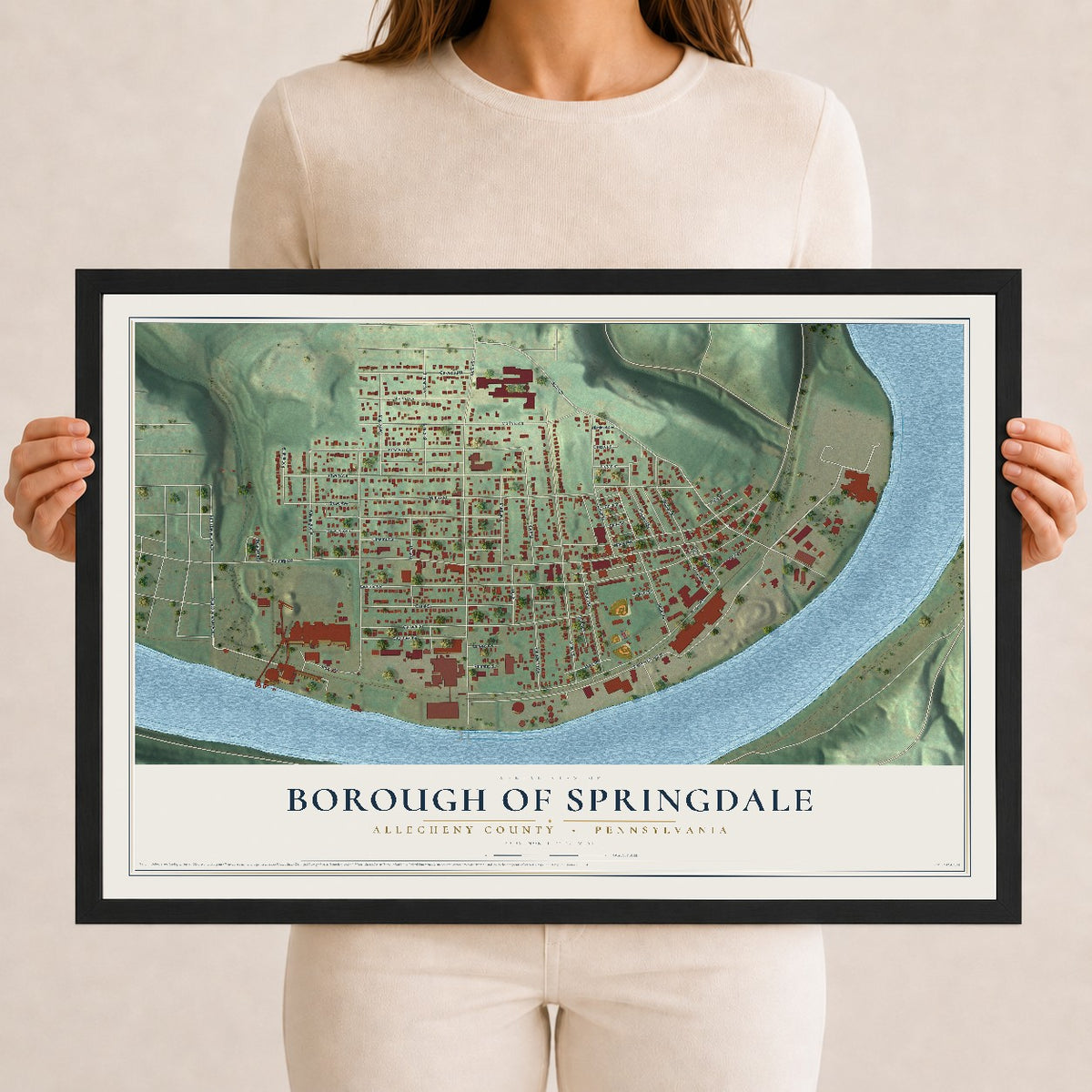 Map of the Borough of Springdale, Allegheny County, Pennsylvania, 12 x 18 inch print in a black wood frame