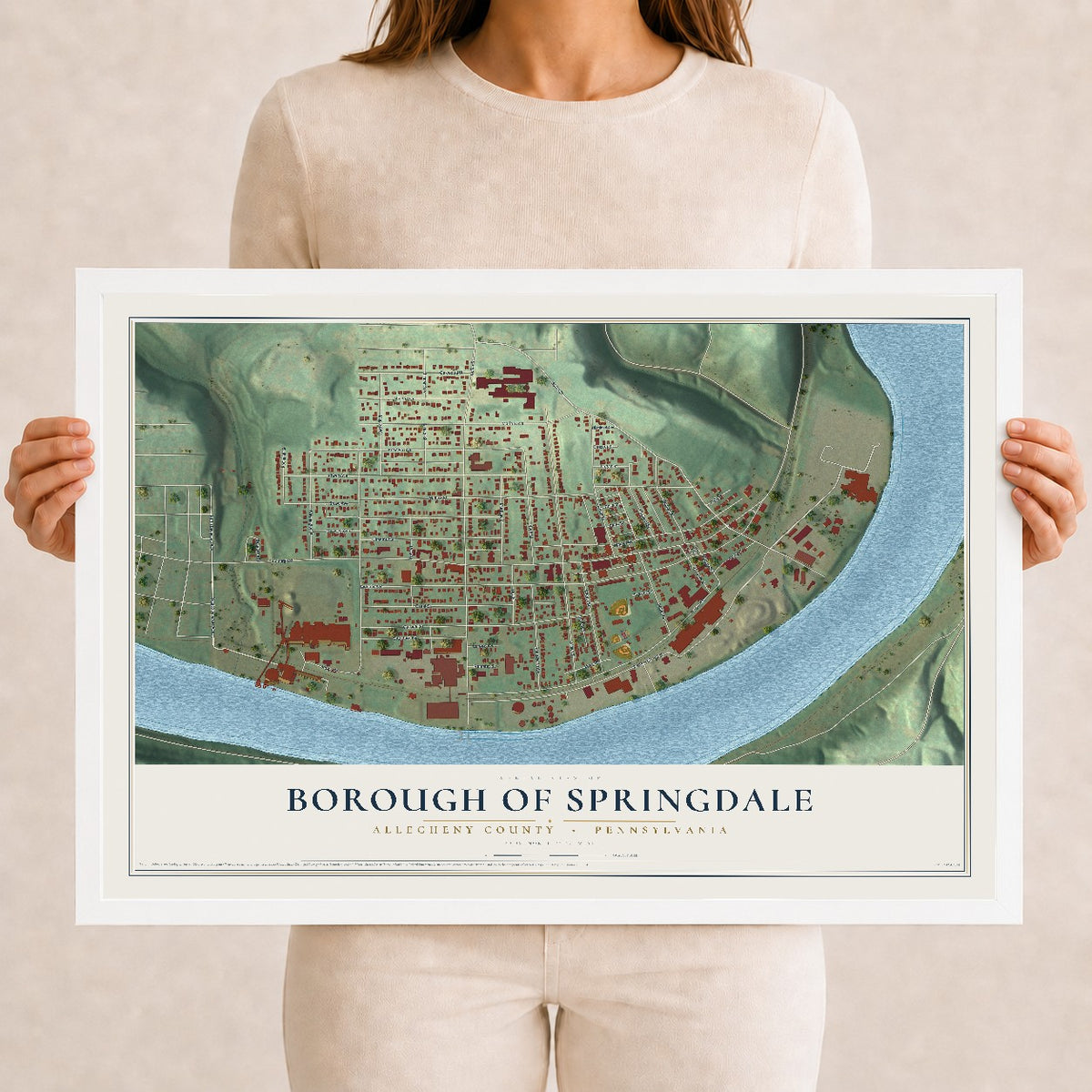 Map of the Borough of Springdale, Allegheny County, Pennsylvania, 12 x 18 inch print in a white wood frame
