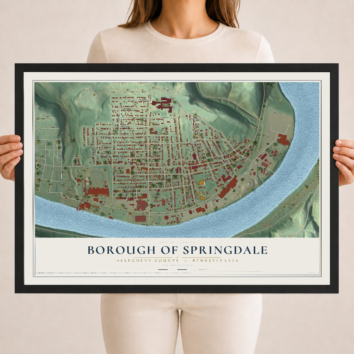 Map of the Borough of Springdale, Allegheny County, Pennsylvania, 18 x 24 inch print in a black wood frame