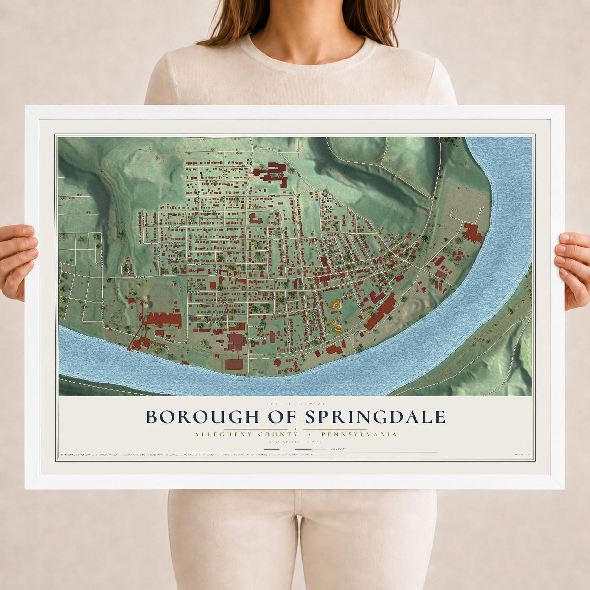 Map of the Borough of Springdale, Allegheny County, Pennsylvania, 18 x 24 inch print in a white wood frame