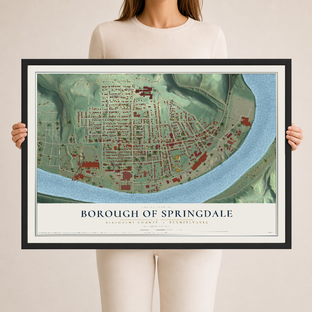 Map of the Borough of Springdale, Allegheny County, Pennsylvania, 24 x 36 inch print in a black wood frame