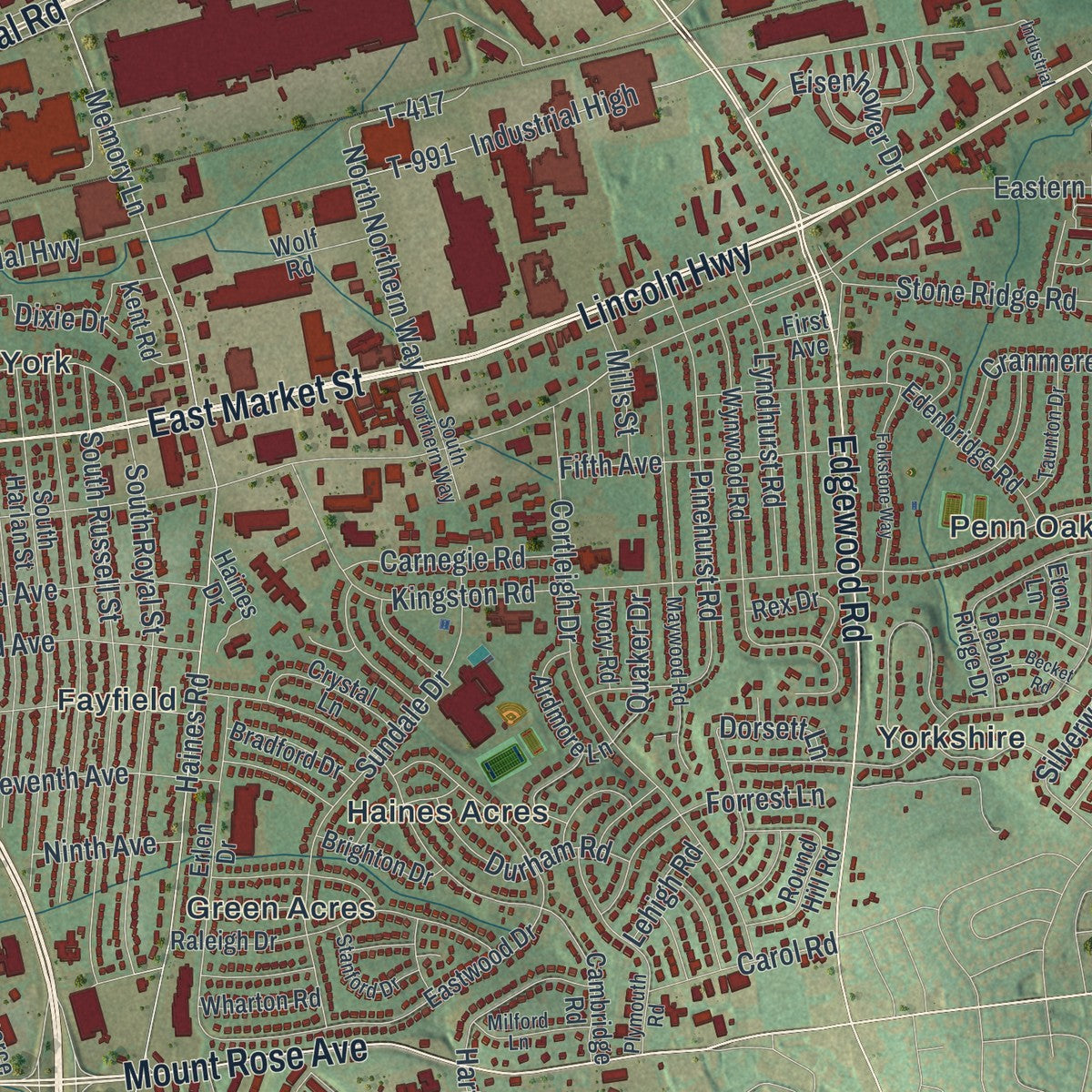 Close-up of the map of Springettsbury, Pennsylvania print showing street and building detail