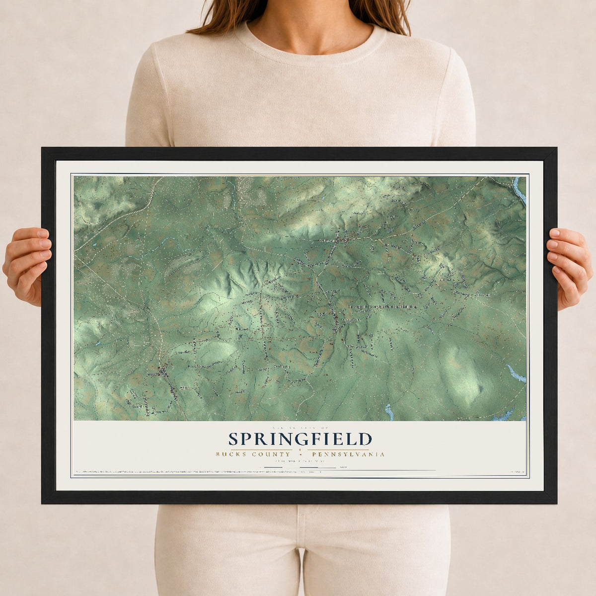 Map of Springfield, Bucks County, Pennsylvania, 12 x 18 inch print in a black wood frame
