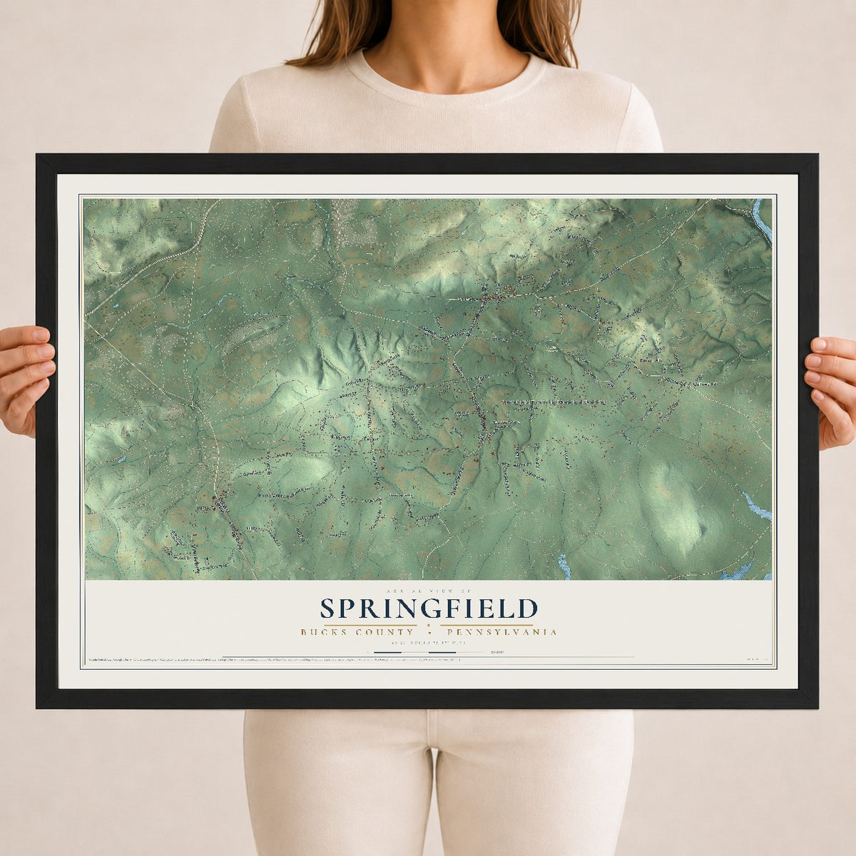Map of Springfield, Bucks County, Pennsylvania, 18 x 24 inch print in a black wood frame