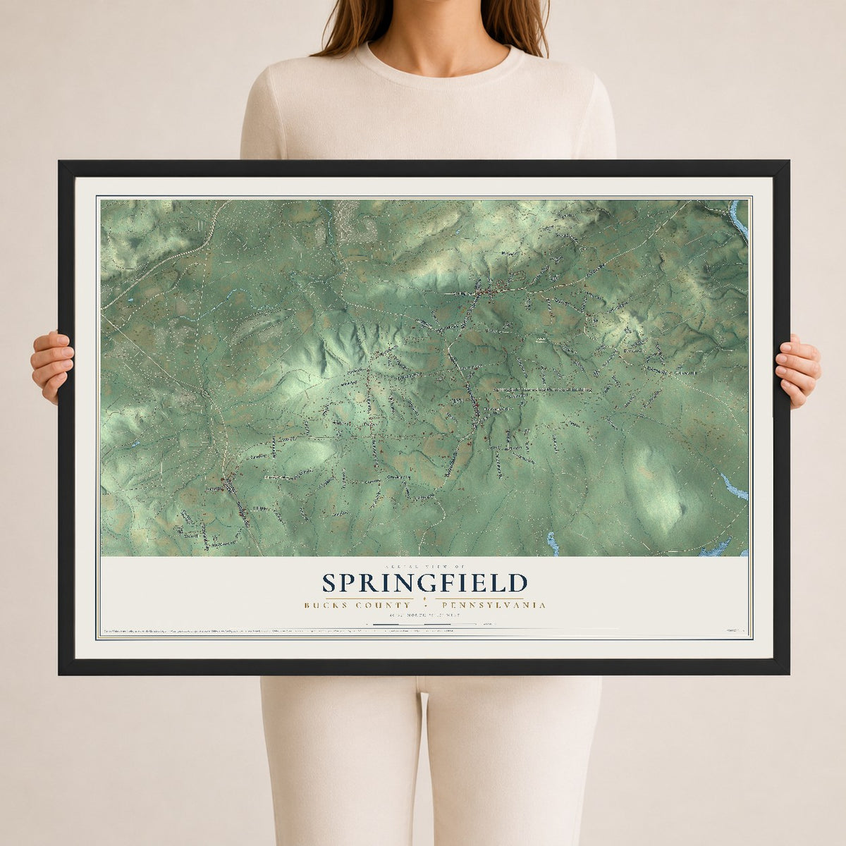 Map of Springfield, Bucks County, Pennsylvania, 24 x 36 inch print in a black wood frame