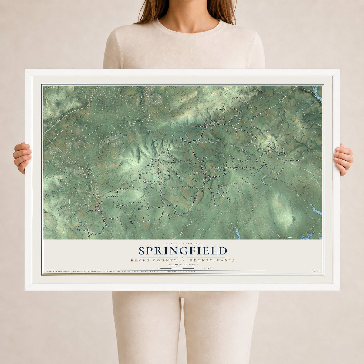 Map of Springfield, Bucks County, Pennsylvania, 24 x 36 inch print in a white wood frame