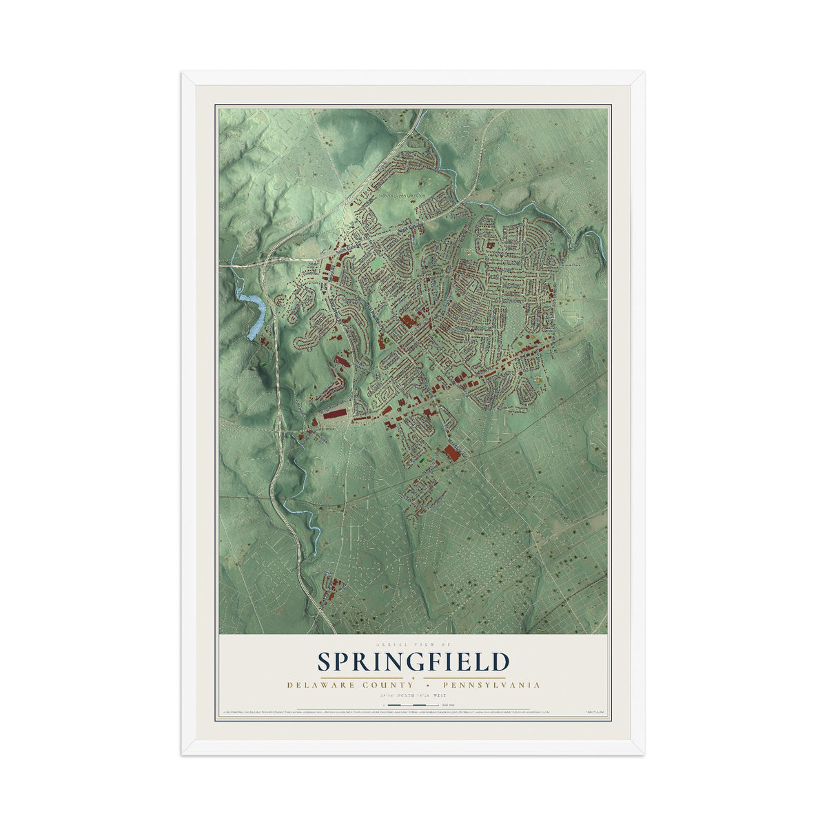 Map of Springfield, Delaware County, Pennsylvania, 12 x 18 inch print in a white wood frame