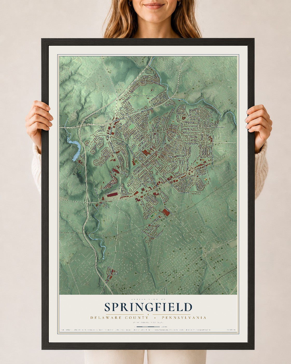 Map of Springfield, Delaware County, Pennsylvania, 24 x 36 inch print in a black wood frame