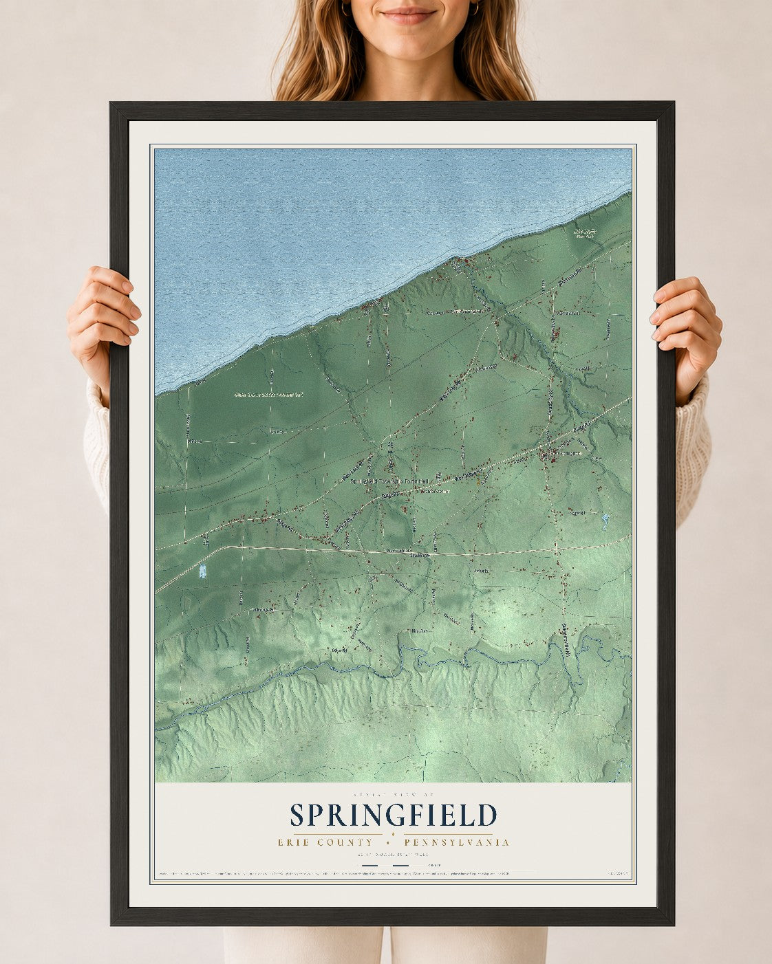 Map of Springfield, Erie County, Pennsylvania, 24 x 36 inch print in a black wood frame