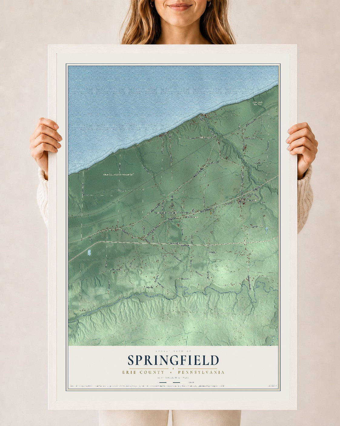 Map of Springfield, Erie County, Pennsylvania, 24 x 36 inch print in a white wood frame