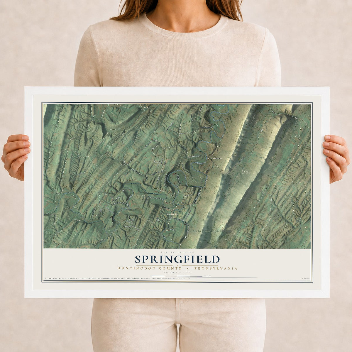 Map of Springfield, Huntingdon County, Pennsylvania, 12 x 18 inch print in a white wood frame