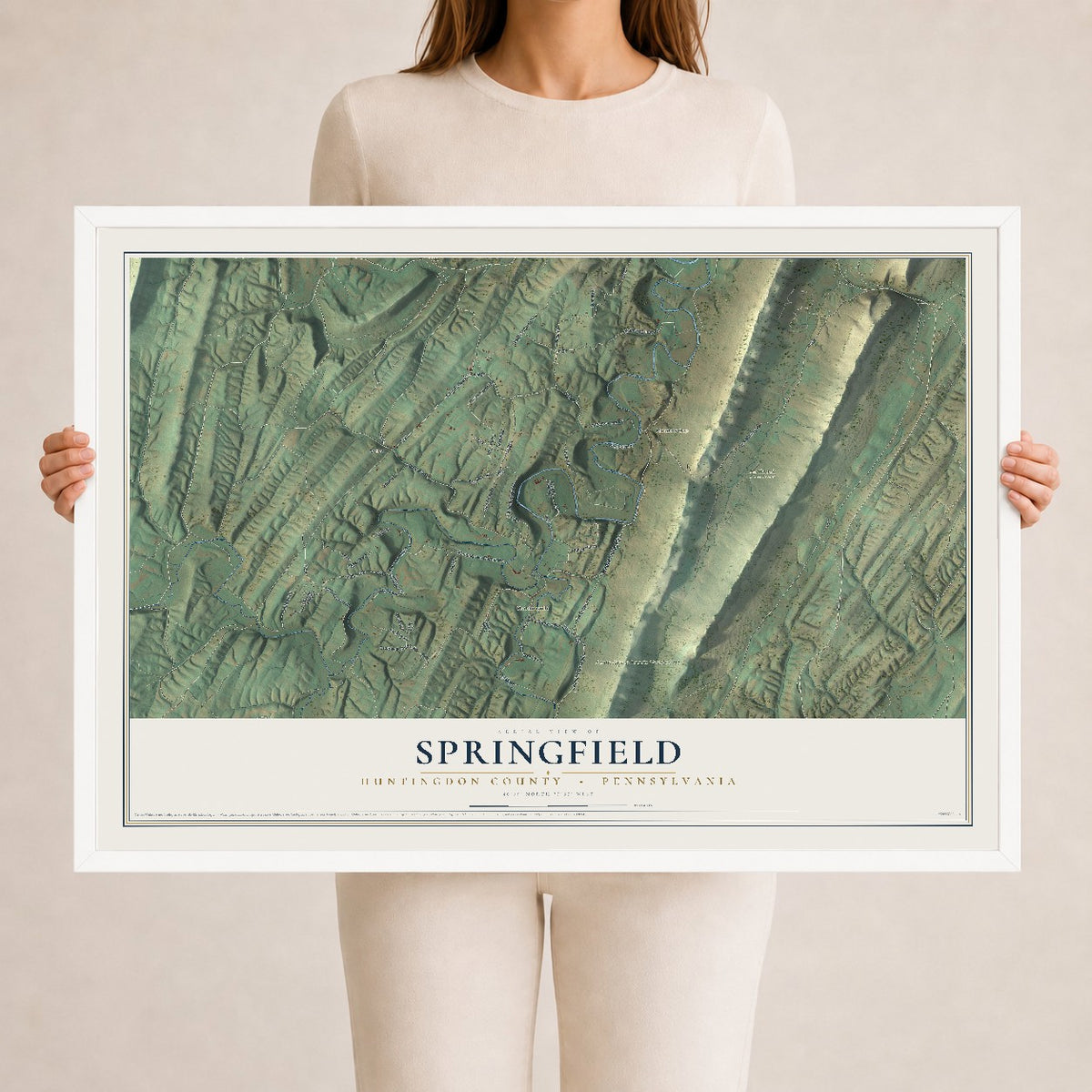 Map of Springfield, Huntingdon County, Pennsylvania, 24 x 36 inch print in a white wood frame