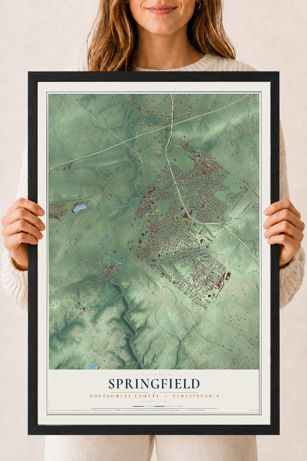 Map of Springfield, Montgomery County, Pennsylvania, 18 x 24 inch print in a black wood frame