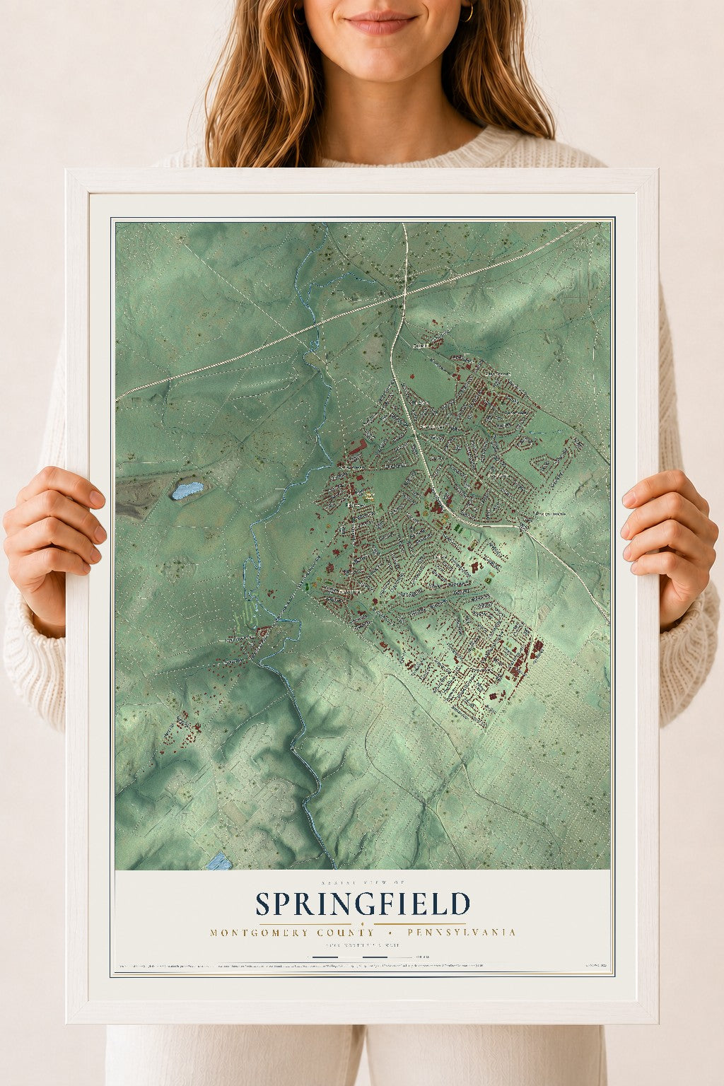 Map of Springfield, Montgomery County, Pennsylvania, 18 x 24 inch print in a white wood frame