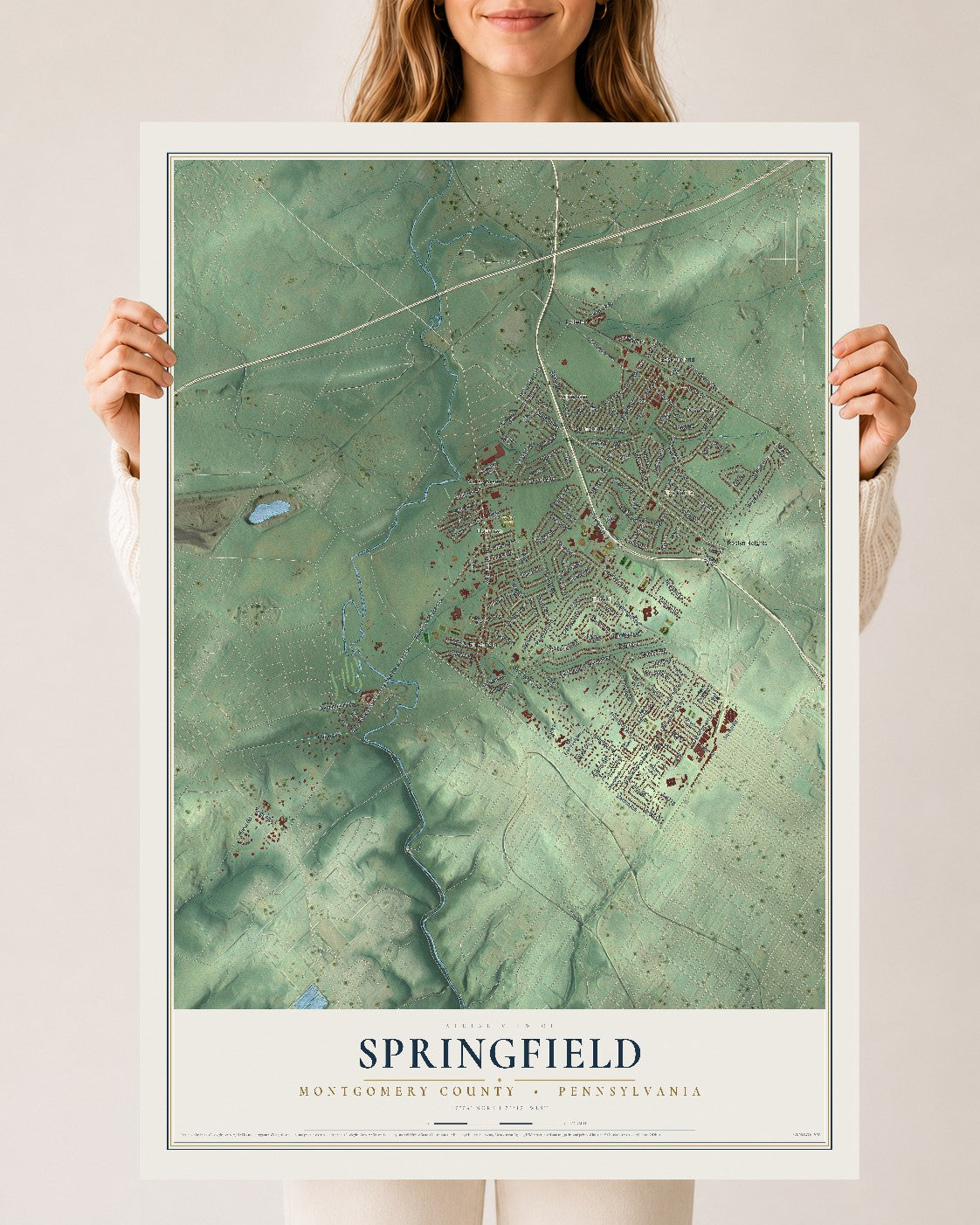 Map of Springfield, Montgomery County, Pennsylvania, 24 x 36 inch unframed archival matte print