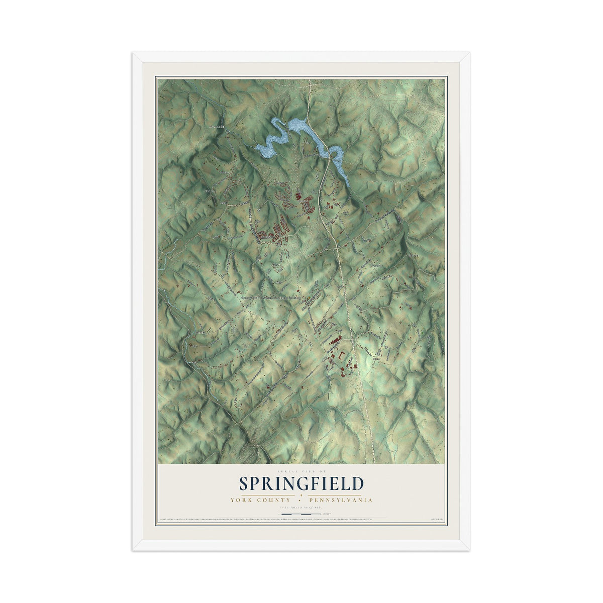 Map of Springfield, York County, Pennsylvania, 12 x 18 inch print in a white wood frame