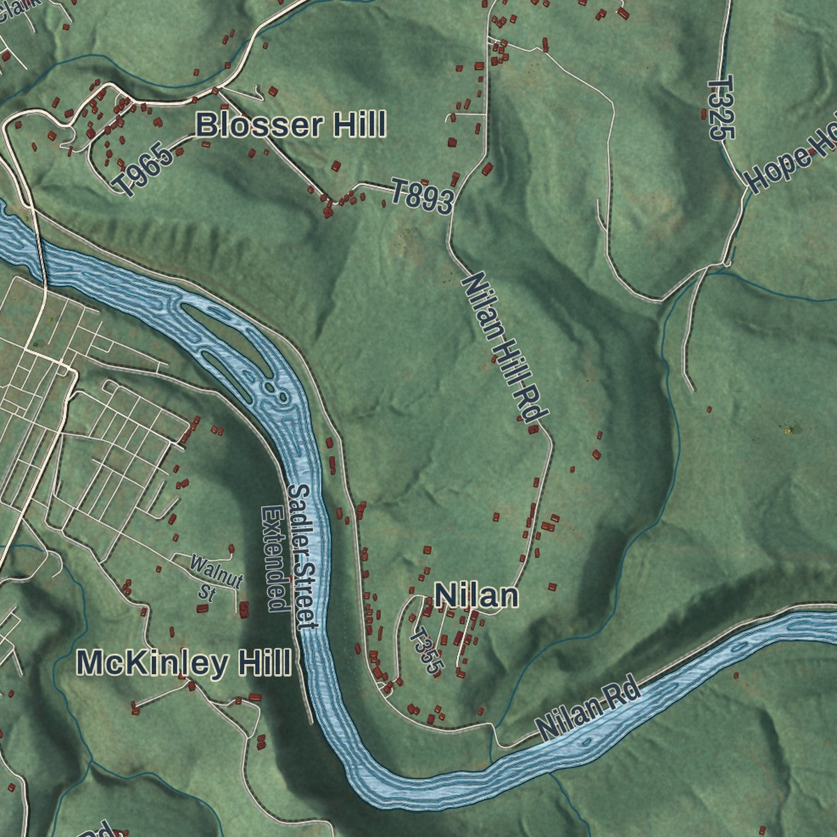 Close-up of the map of Springhill, Fayette County, Pennsylvania print showing street and building detail