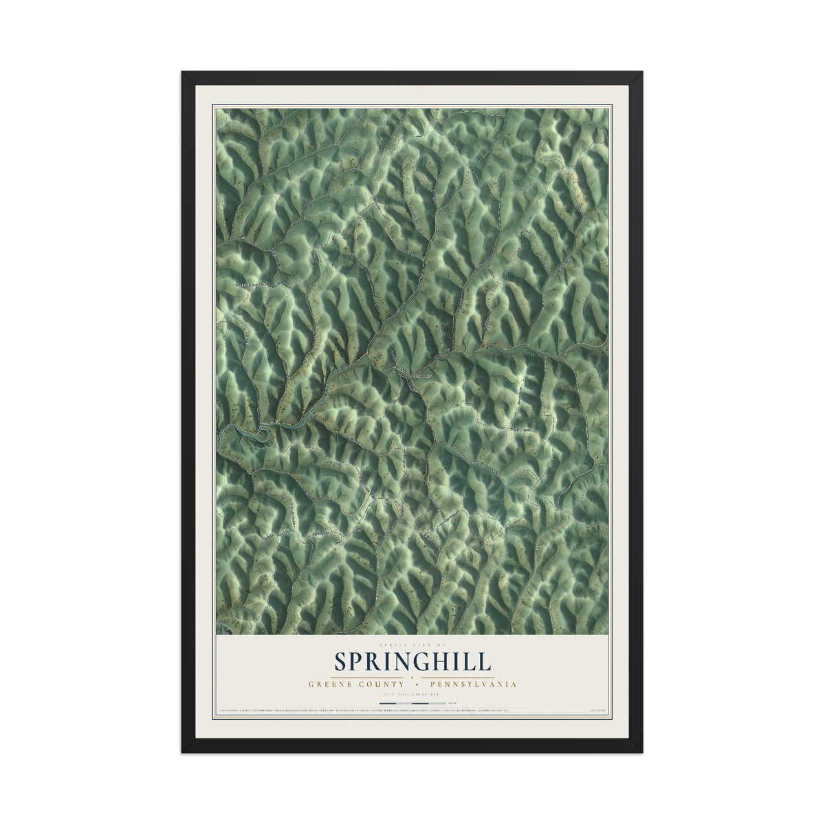 Map of Springhill, Greene County, Pennsylvania, 12 x 18 inch print in a black wood frame